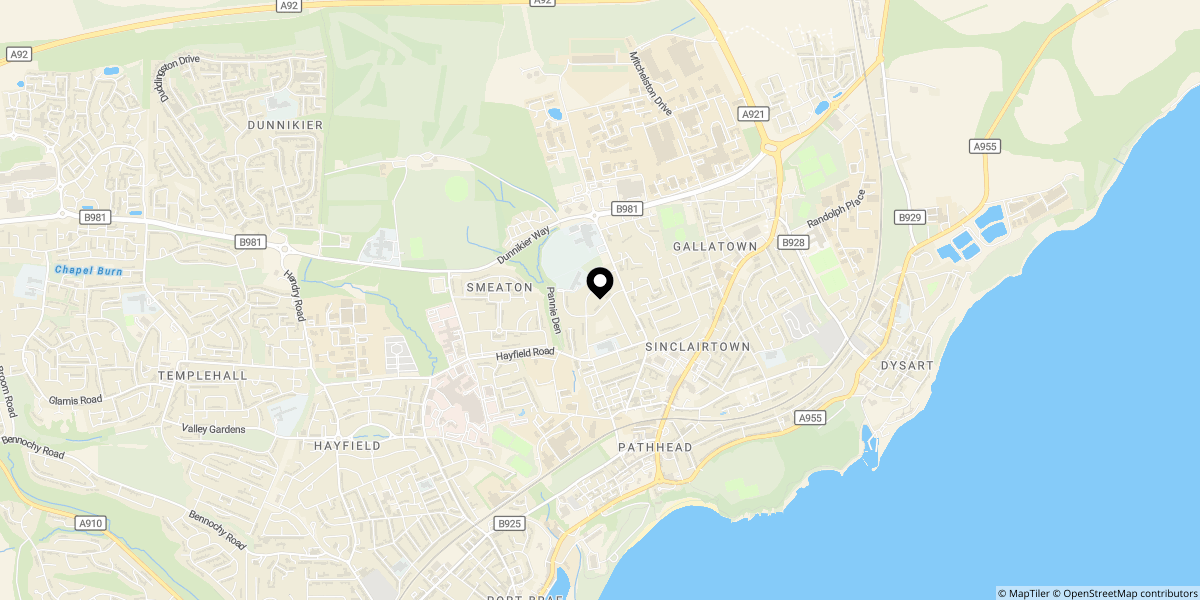 Approximate location of Macindoe Crescent, Kirkcaldy, KY1 2JF